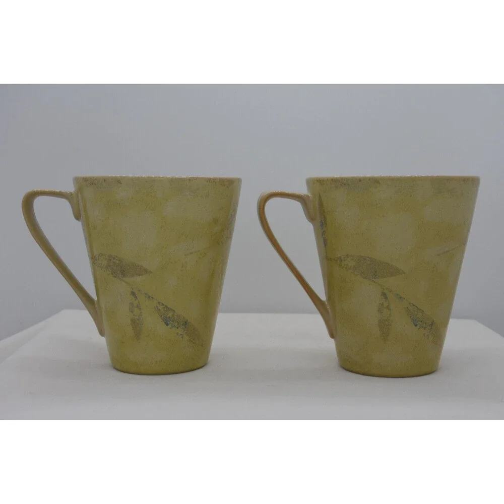 Two Pier One Stoneware Brown Antiqued Leaf 12 oz Mug Cup